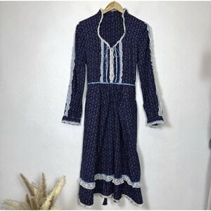 Vintage Handmade Prairie Dress Blue Ditsy Floral Lace Ribbon Cottagecore 60s 70s